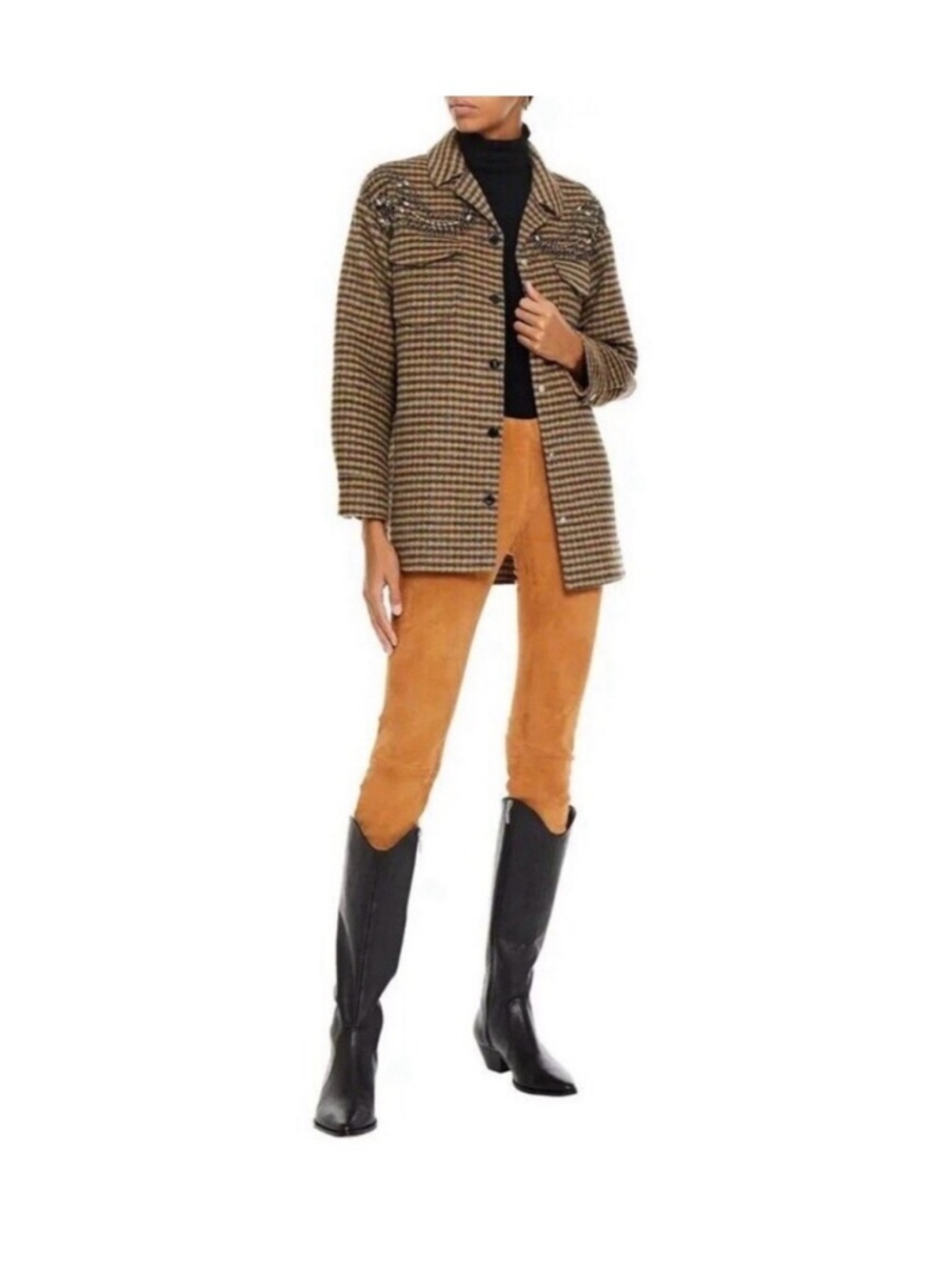 Sandro Paris Brodan Beaded Plaid Check Coat Wool Blend Button Front EU 38 US 6